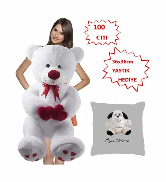 100 Cm Beyaz Bobo Peluş Ayı Köpek Yastık Hediyeli