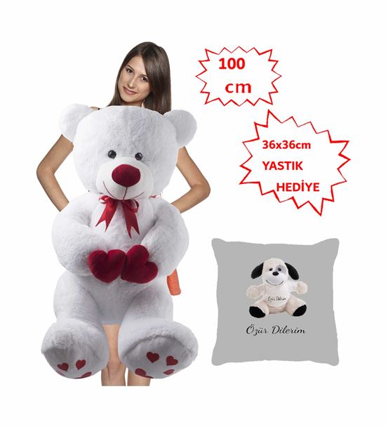 100 Cm Beyaz Bobo Peluş Ayı Köpek Yastık Hediyeli